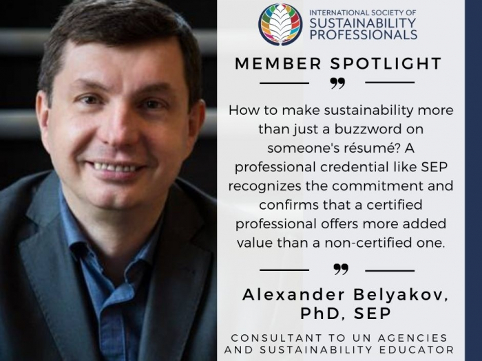 "International Society of Sustainability Professionals - Member Spotlight" and has a quote