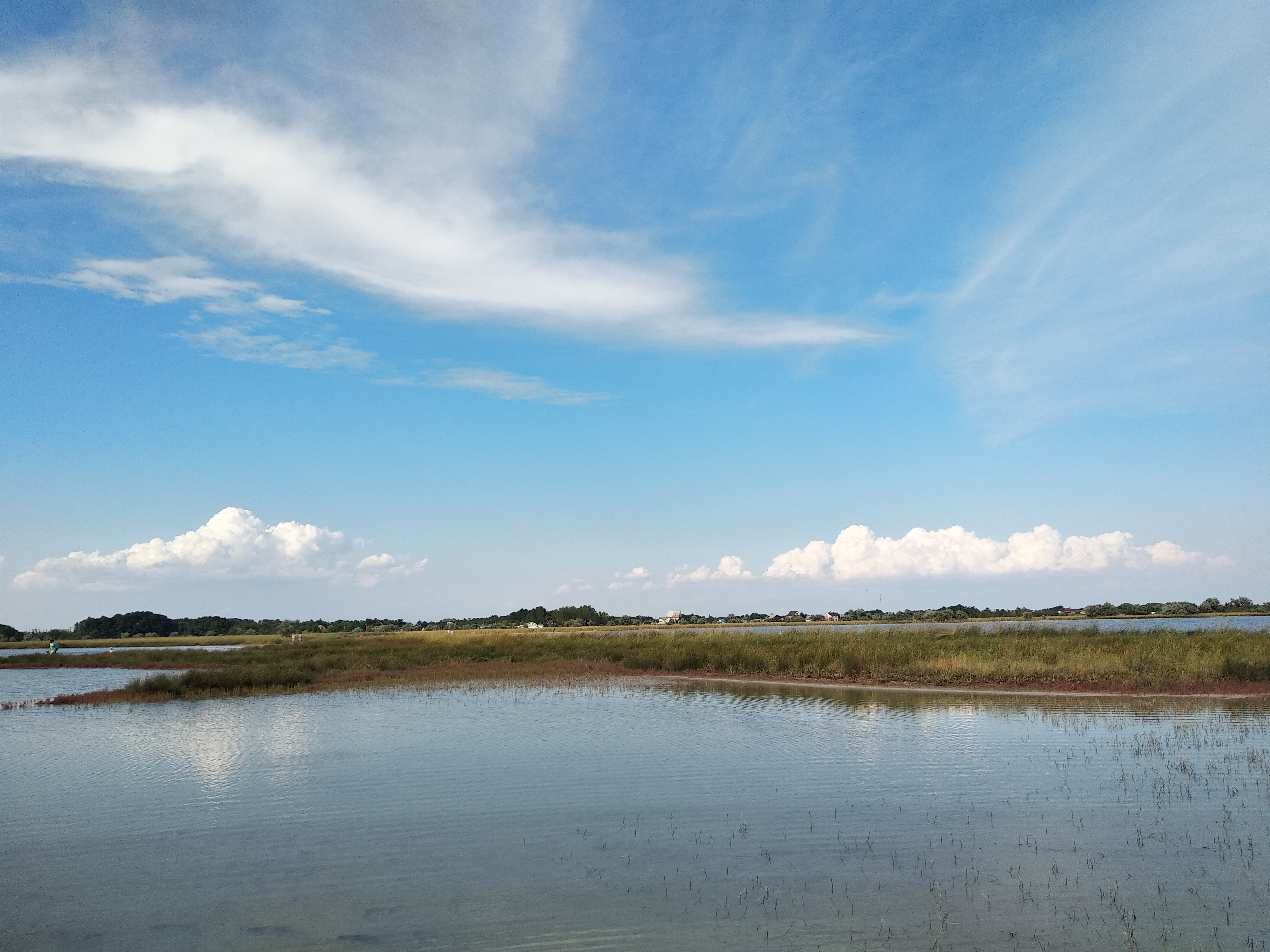 Body of water with grassy banks under a blue sky with wispy clouds. 