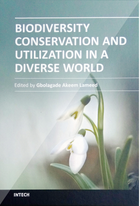 Cover that says "BIODIVERSITY CONSERVATION AND UTILIZATION IN A DIVERSE WORLD | Edited by Gbolagade Akeem Lameed" and has a photo of a flower