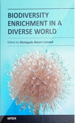 Cover that says "BIODIVERSITY ENRICHMENT IN A DIVERSE WORLD | Edited by Gbolagade Akeem Lameed" and has a photo of a flower with water droplets on it
