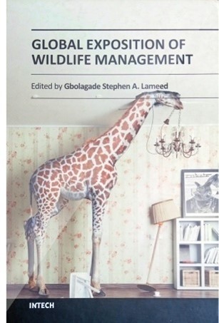 Cover that says "GLOBAL EXPOSITION OF WILDLIFE MANAGEMENT | Edited by Gbolagade Stephen A. Lameed" and has a painting of a giraffe holding a chandelier on it