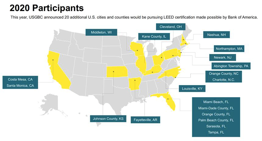 graphic of map of the United States titled "2020 Participants." It says "This year, USGBC announced 20 additional U.S. cities and countries would be pursuing LEED certification made possible by Bank of America." Some states are highlighted in yellow.