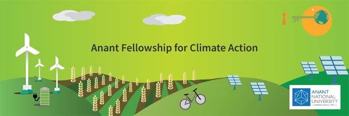 Banner that says "Anant Fellowship for Climate Action" in front of a green background with green energy technology surrounding it.