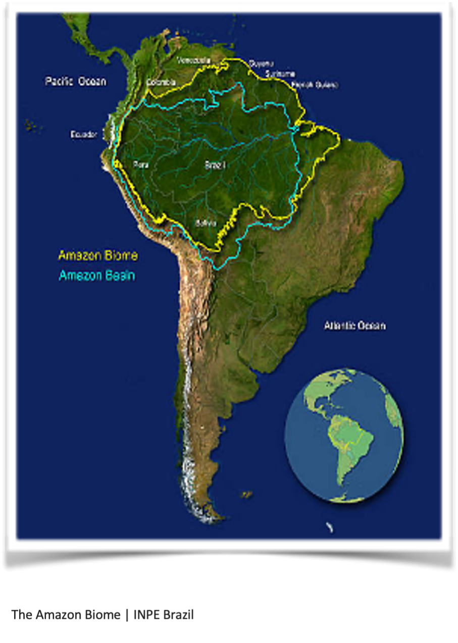 Map of south america with the amazon biome and basin outlined