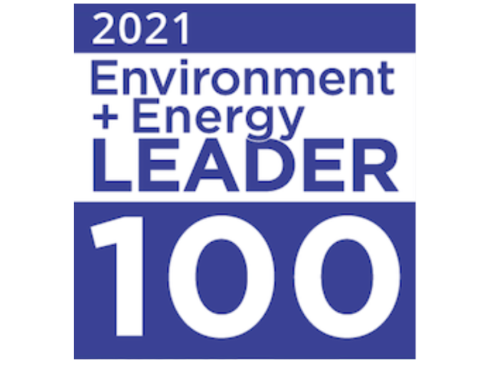 Blue and white logo that says "2021 Environment + Energy Leader 100"