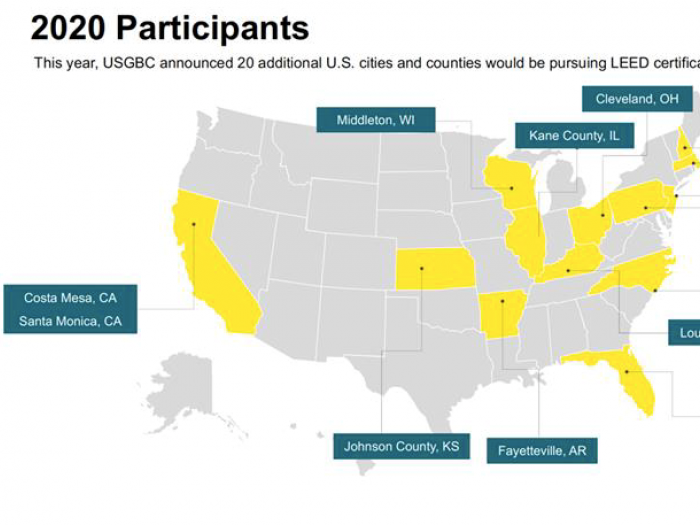 graphic of map of the United States titled "2020 Participants." It says "This year, USGBC announced 