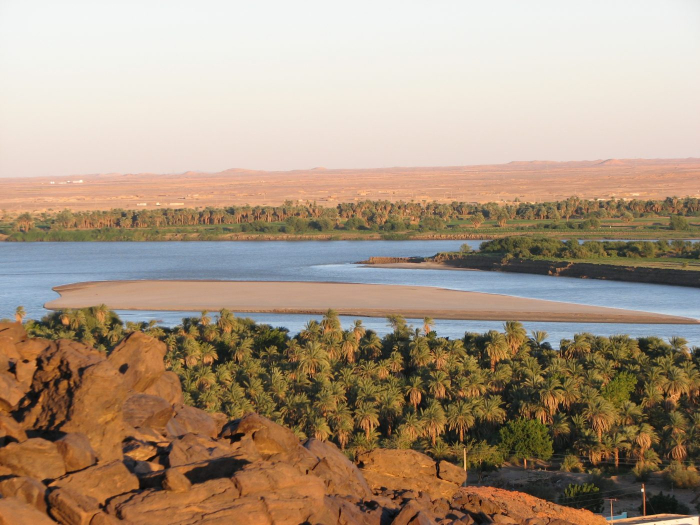 A river in Sudan with an island in the middle with trees populating the banks of the river.