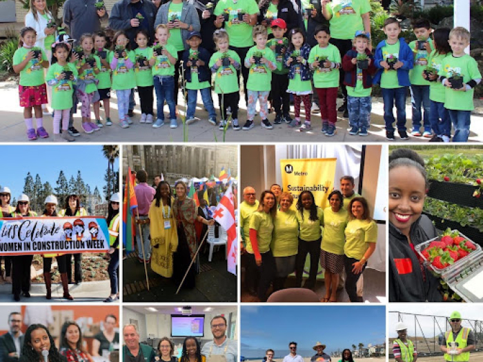A photo collage of  adults and children engaged in various environmental and climate advocacy activities. 