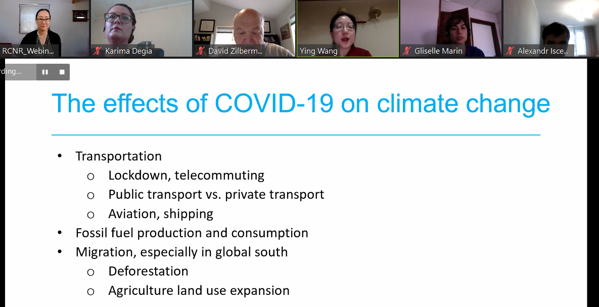 screenshot of Sept webinar, has people in a bar at the top, most of screen is shared ppt with title "The effects of COVID-19 on climate change"